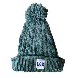 Vintage Lee Knit Beanie Hat | Green Cable Knit Pom Pom | Union Made Winter Cap